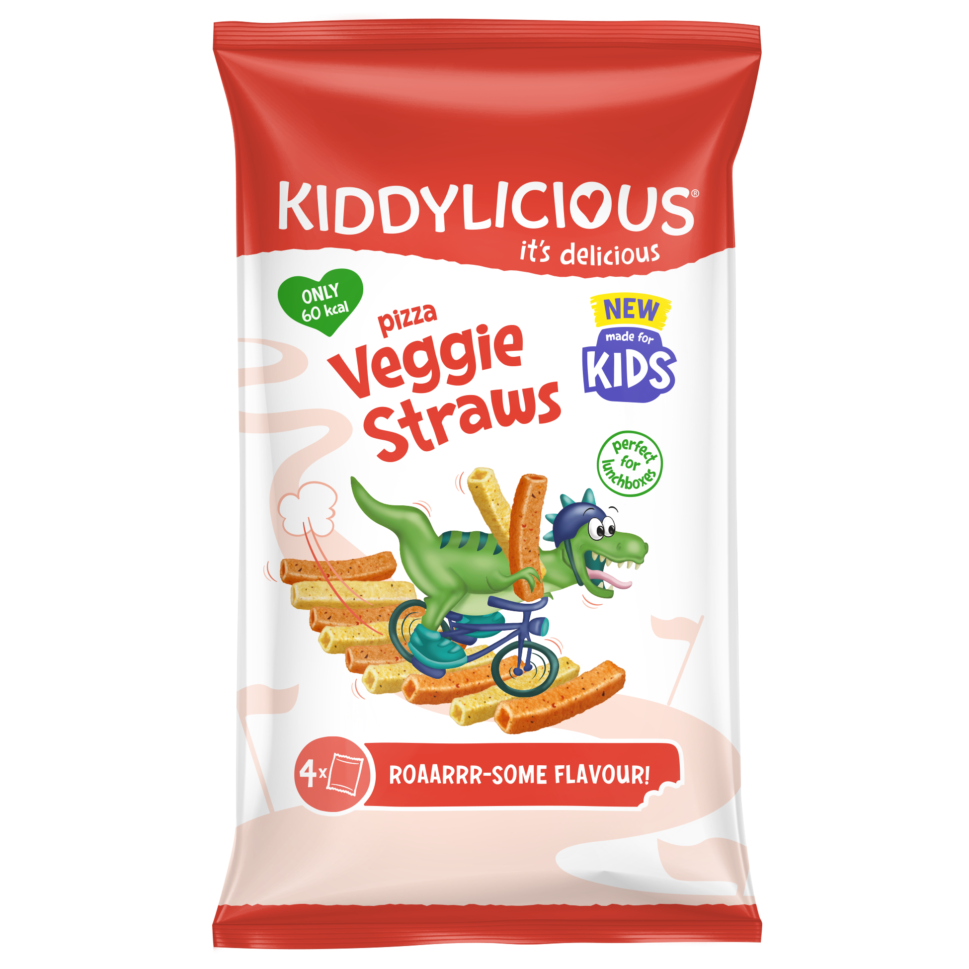 Kiddylicious Veggie Straws Pizza flavour snack multipack with dinosaur on pack