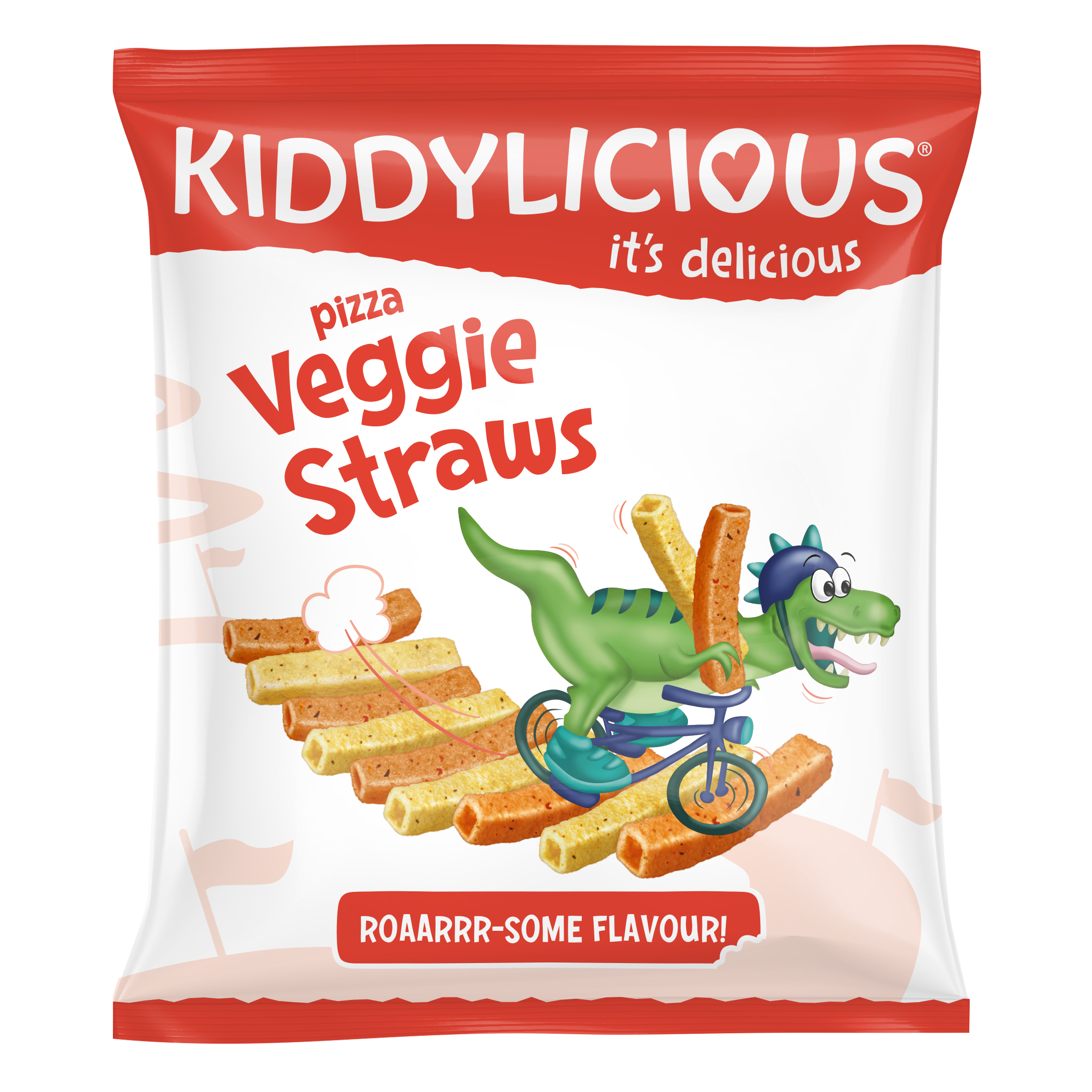 Kiddylicious Veggie Straws Pizza flavour snack single pack with dinosaur on pack