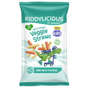Kiddylicious Veggie Straws Salt and Vinegar Flavour multipack with Dinosaur on pack